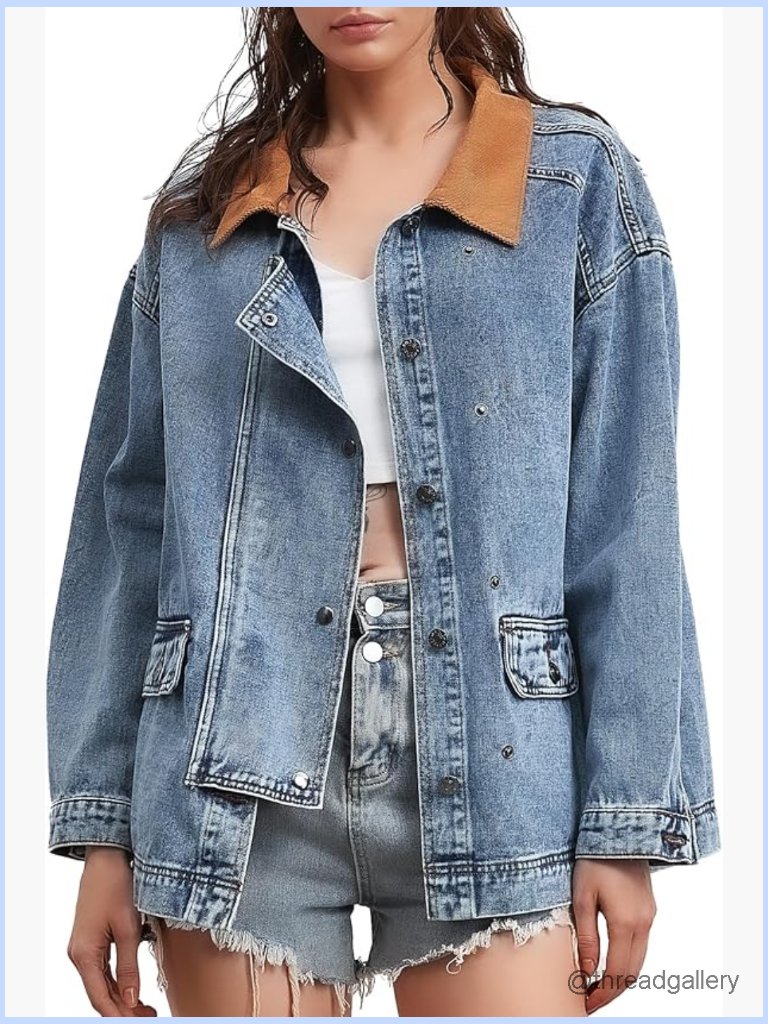 Oversized Striped Denim Jacket Long Sleeve Button Down Casual Coat